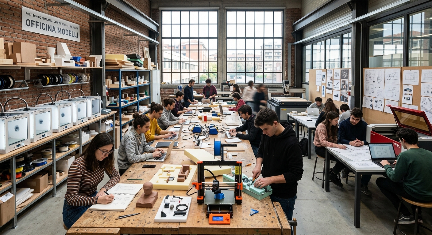 Modern design studio at Politecnico di Milano Bovisa campus, students working on product prototypes and sketches, industrial design workshop with 3D printers and materials, bright creative atmosphere with Italian architectural details