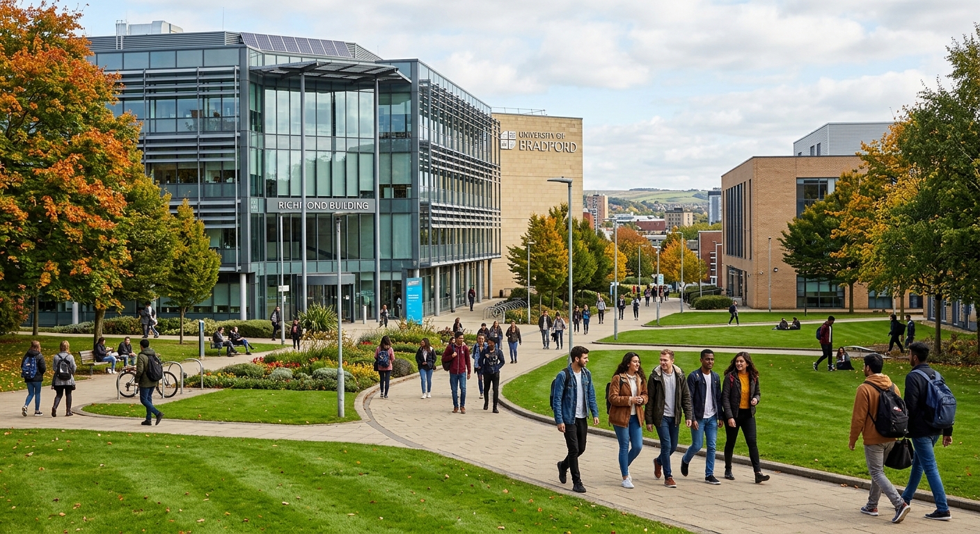 University of Bradford campus with modern science building, students walking between lecture halls, green lawns and contemporary architecture in West Yorkshire, England