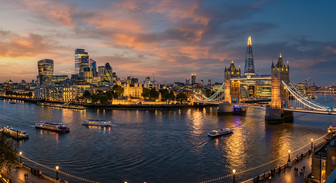 London skyline at dusk with the River Thames, Tower Bridge illuminated, modern Shard skyscraper, and historic buildings, warm golden hour light reflecting on the water