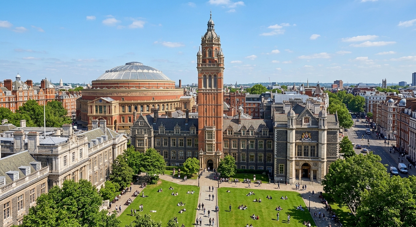 Imperial College London South Kensington campus wide shot, Queen's Tower rising above historic stone buildings, green Queen's Lawn in foreground, Royal Albert Hall visible in background, clear blue sky over London
