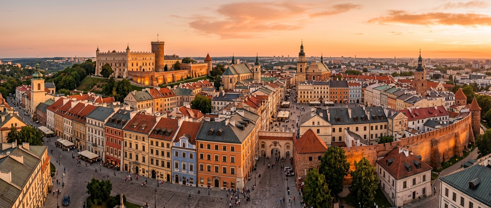 Panoramic view of Lublin Old Town with colorful historic buildings, Lublin Castle on hilltop, cobblestone streets, church towers, golden hour lighting