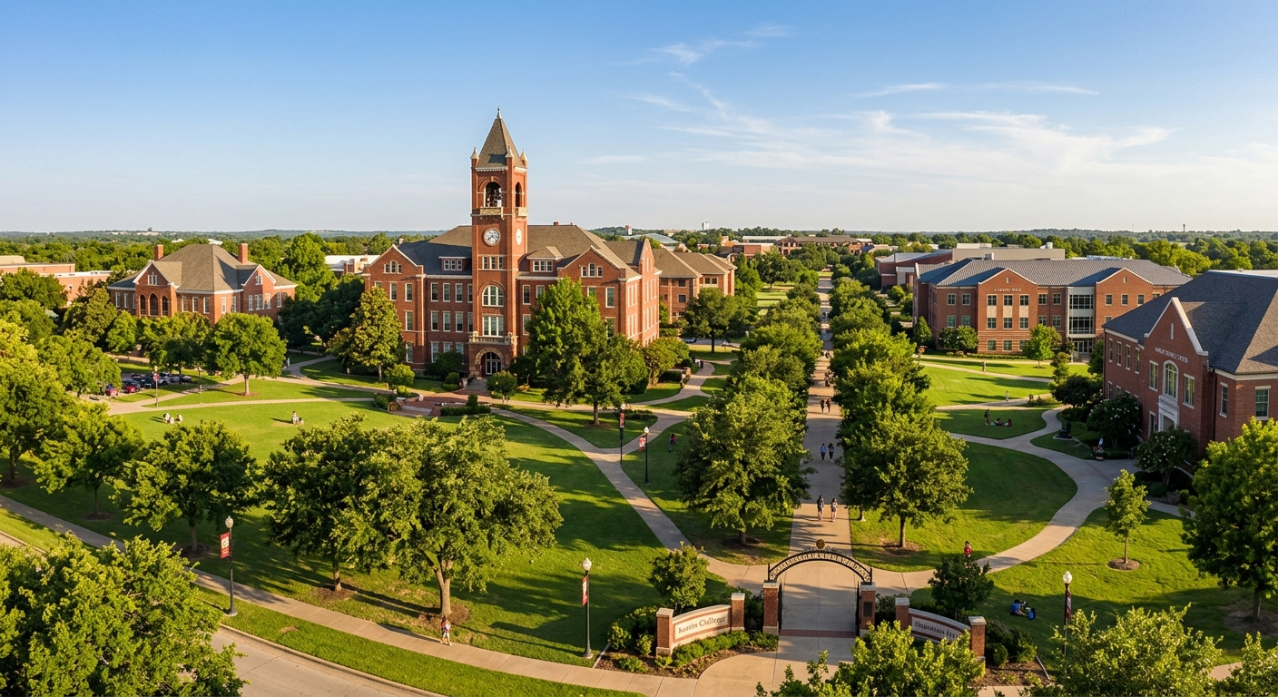 Austin College campus wide shot showing historic Sherman Hall and tree-lined walkways on the 70-acre campus in Sherman Texas, red brick buildings with green lawns, warm afternoon sunlight