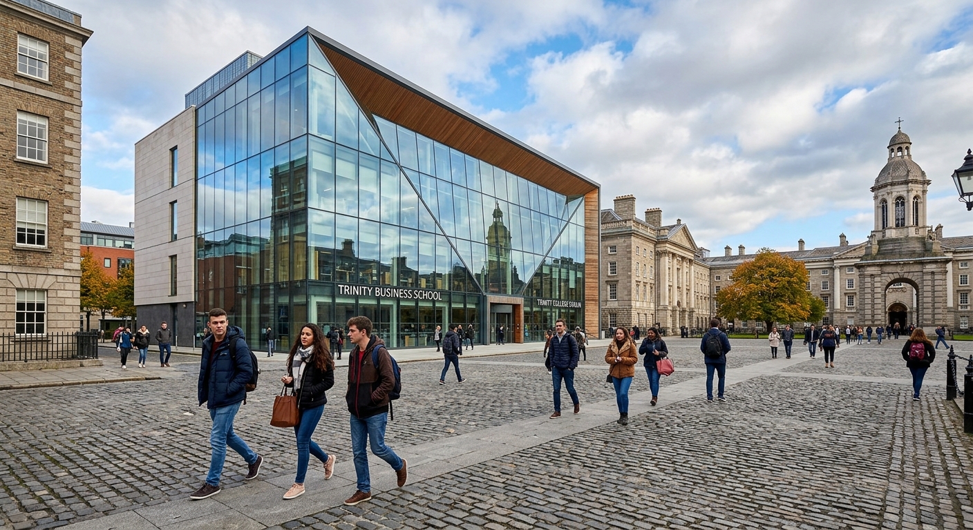 Modern Trinity Business School building with glass facade on the historic Trinity College Dublin campus, cobblestone courtyard visible, students walking, Georgian architecture in background, Dublin city centre