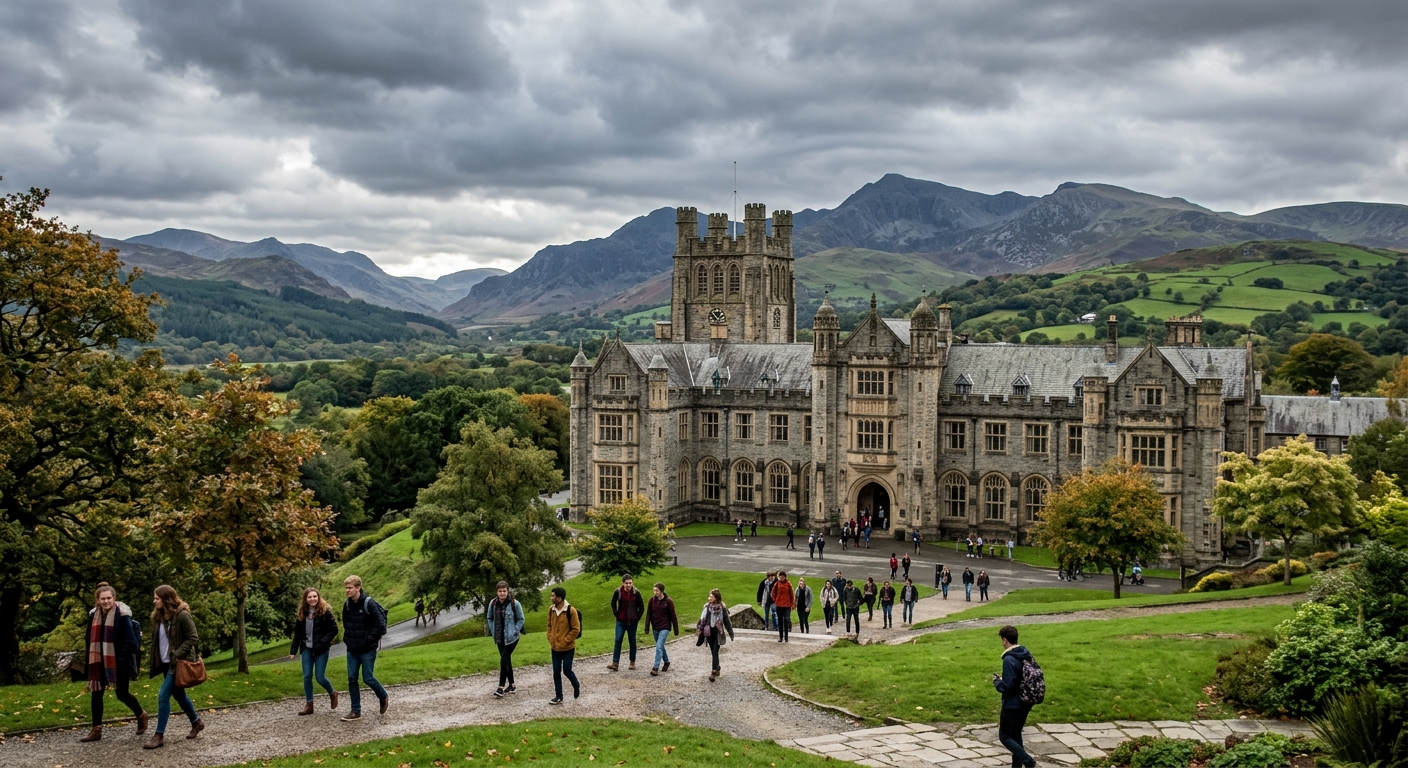 Bangor University historic Main Arts building with mountains of Snowdonia in the background, Welsh countryside setting, students walking on campus paths, overcast sky typical of North Wales