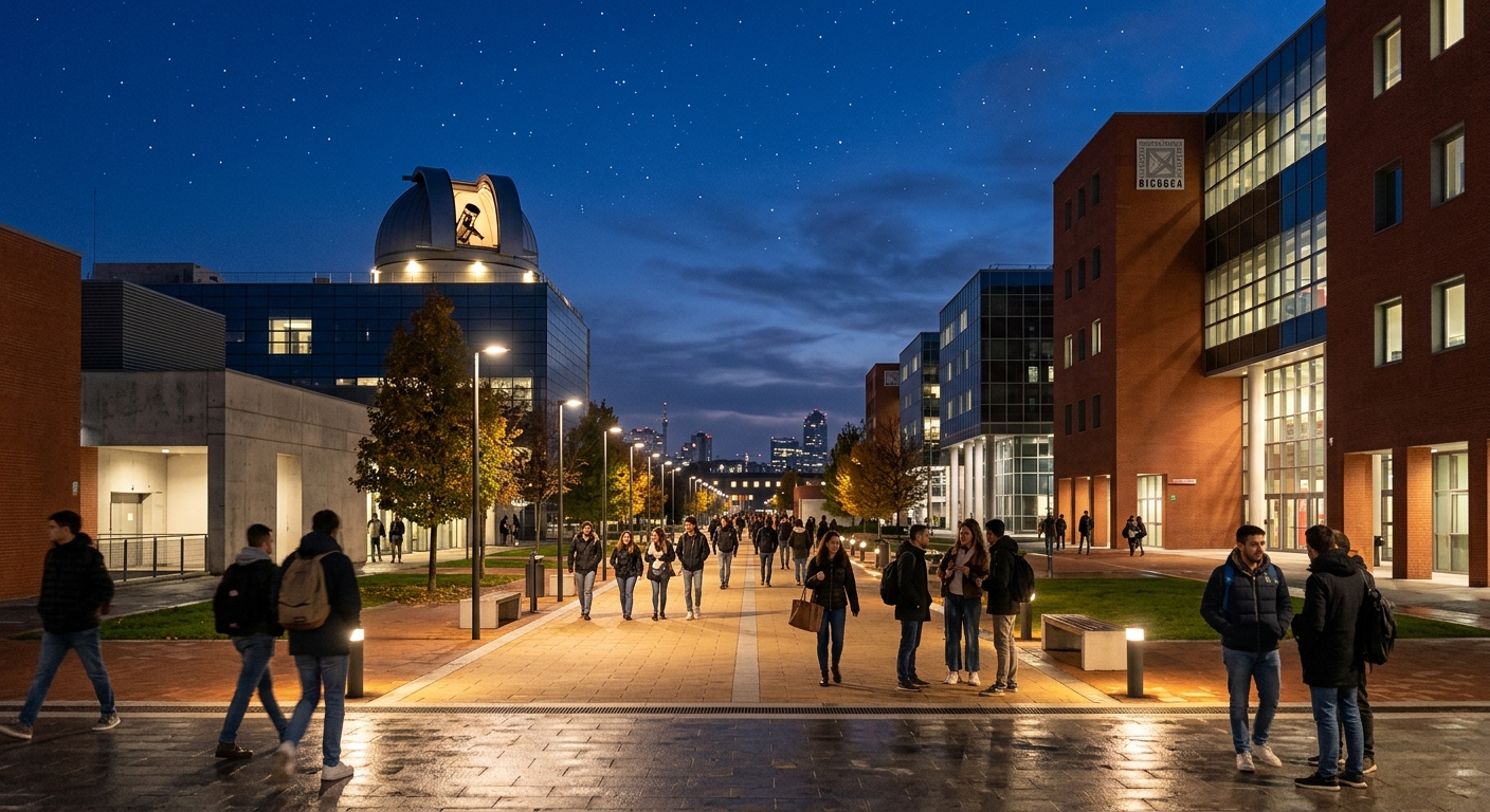 Modern university campus of Milano-Bicocca with contemporary architecture, observatory dome visible against a twilight sky with stars, students walking through illuminated pathways in Milan, Italy