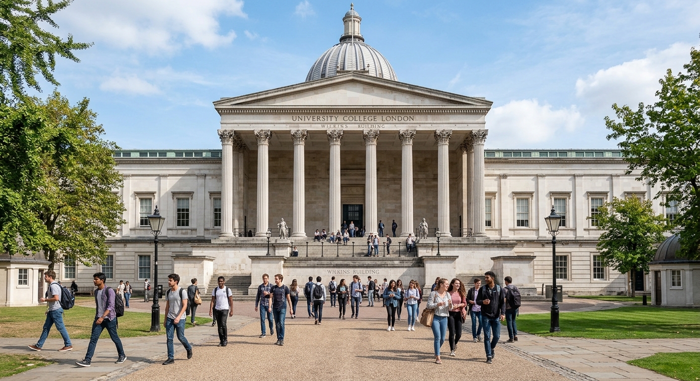 UCL University College London main Wilkins Building with iconic neoclassical portico and dome on Gower Street, Bloomsbury, London, students walking across the quad on a bright day