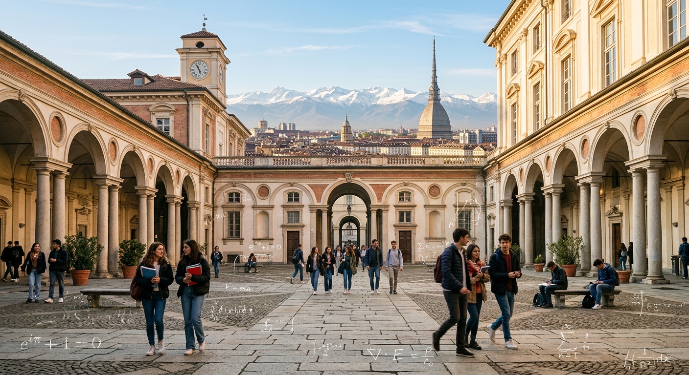 Historic University of Turin campus building with classical Italian architecture, students walking through courtyard with mathematical formulas subtly overlaid, Turin city skyline with Alps in background, warm Mediterranean light