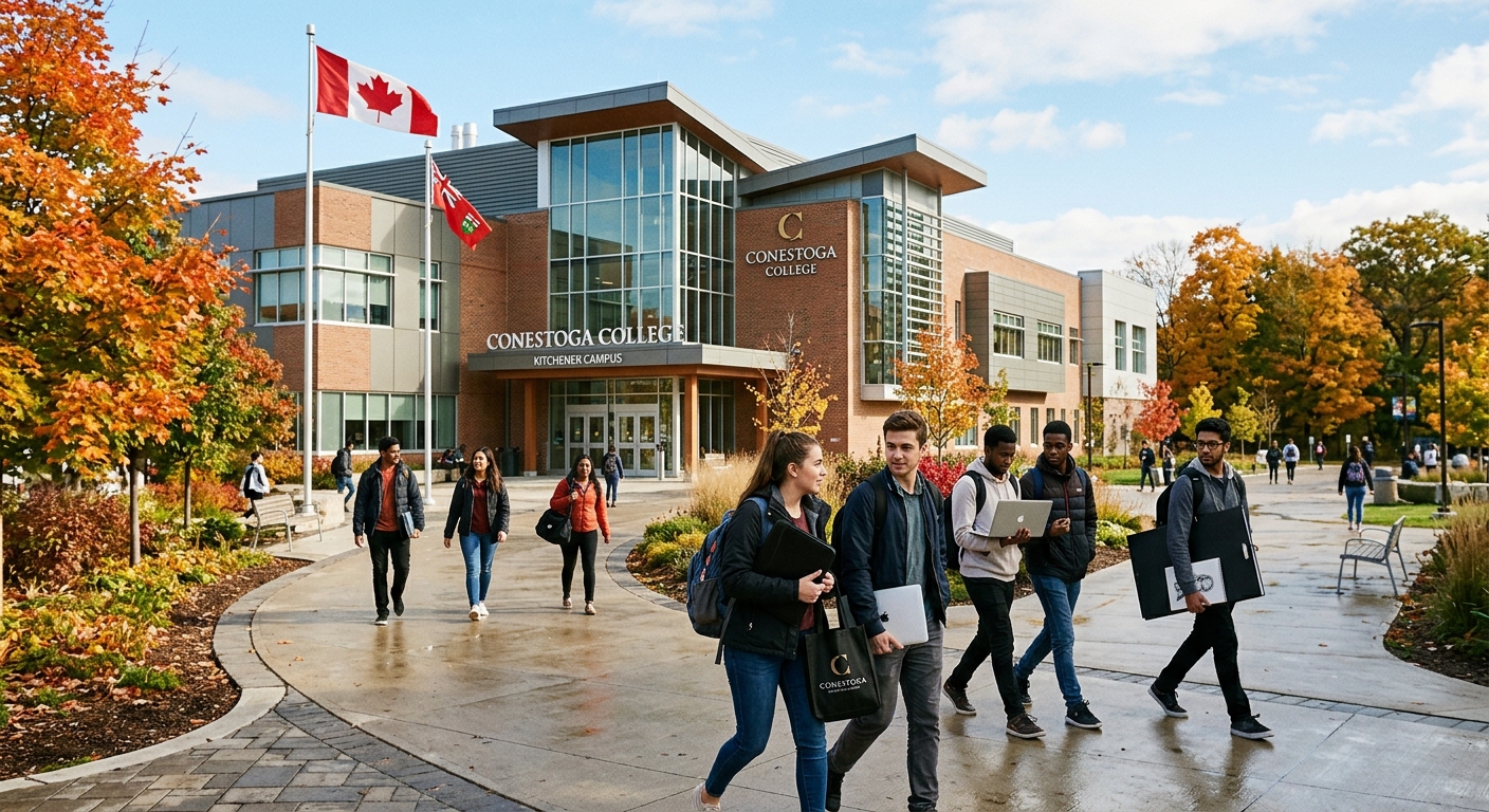 Modern college campus building at Conestoga College in Kitchener Ontario, students walking along pathways with laptops and creative portfolios, autumn trees and Canadian flag visible, bright daylight