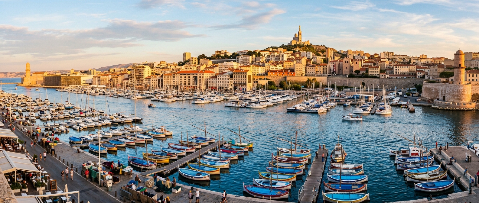 Panoramic view of Marseille Old Port (Vieux-Port) with colorful fishing boats, Notre-Dame de la Garde basilica on the hilltop, Mediterranean blue water, vibrant city skyline at golden hour