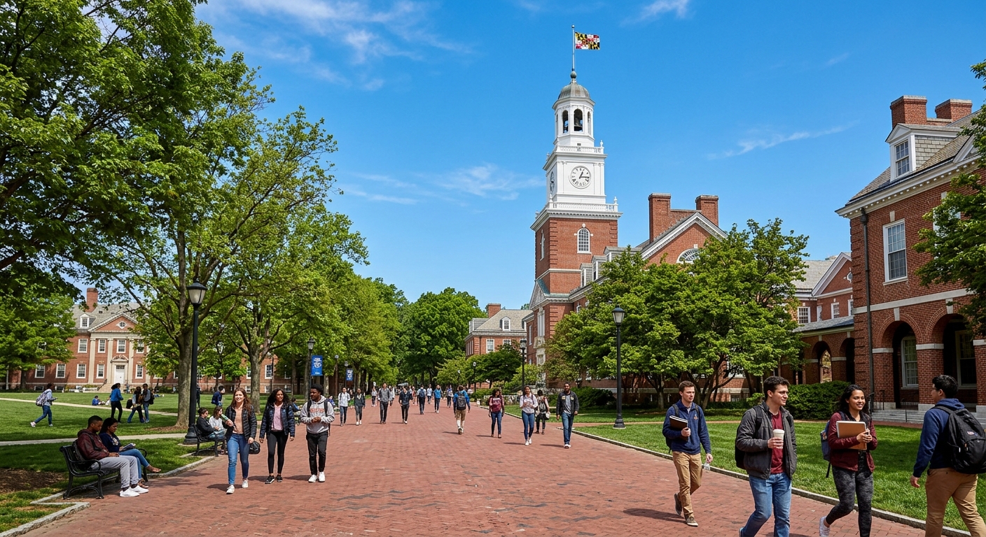Johns Hopkins University Homewood campus in Baltimore with historic red-brick buildings, tree-lined pathways, and students walking near the iconic clock tower under clear blue sky