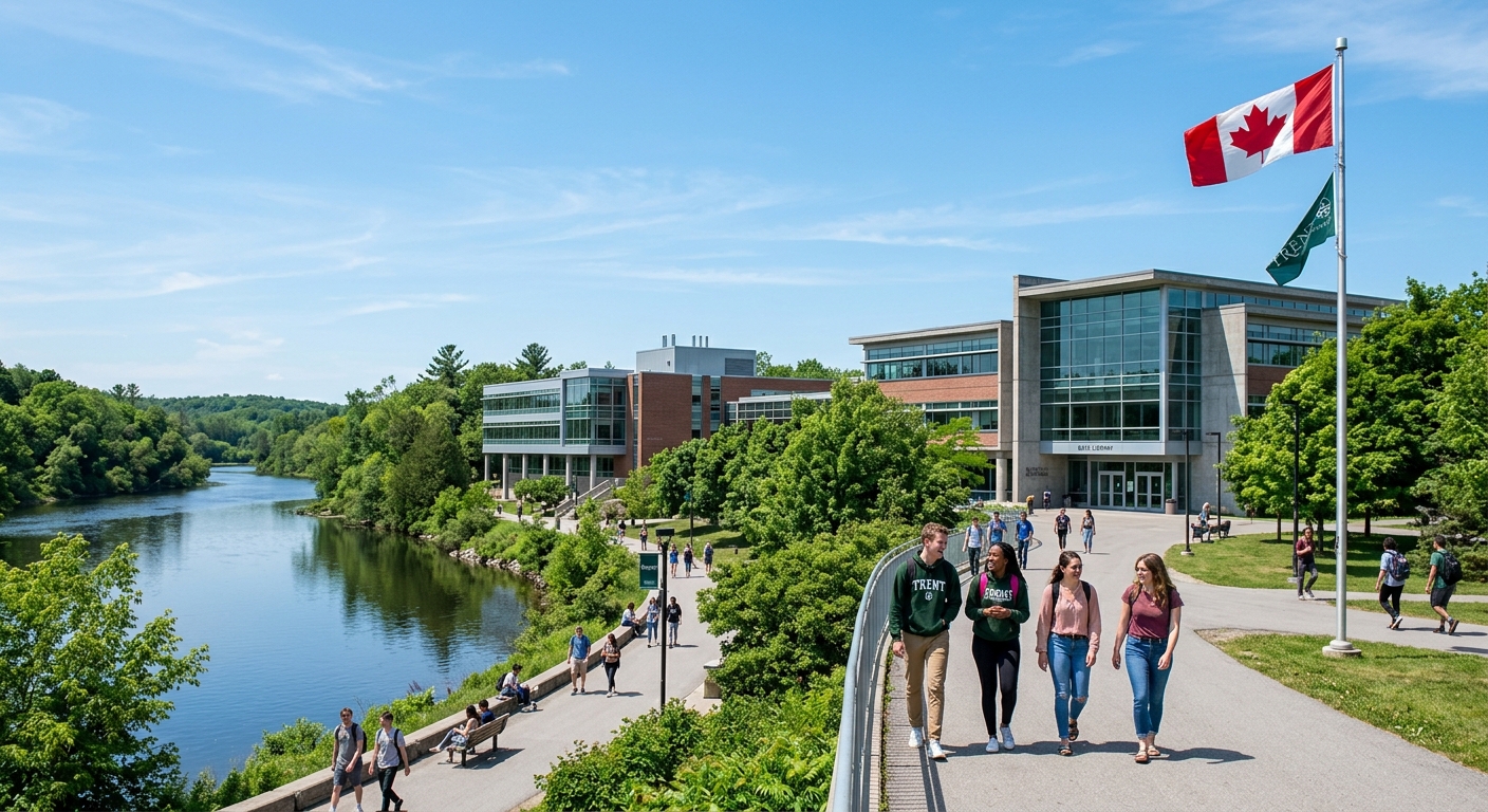 Trent University Peterborough campus with modern academic buildings surrounded by lush greenery along the Otonabee River, students walking on pathways under clear blue sky, Canadian flag visible