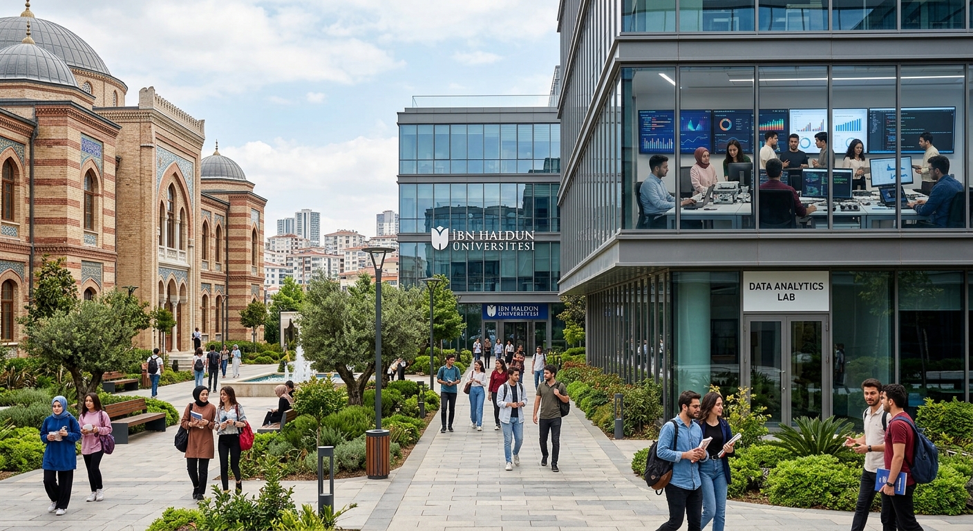 Modern Ibn Haldun University campus in Basaksehir Istanbul, Ottoman-inspired architecture with contemporary glass buildings, students walking through courtyard, data analytics lab visible through windows, green landscaping
