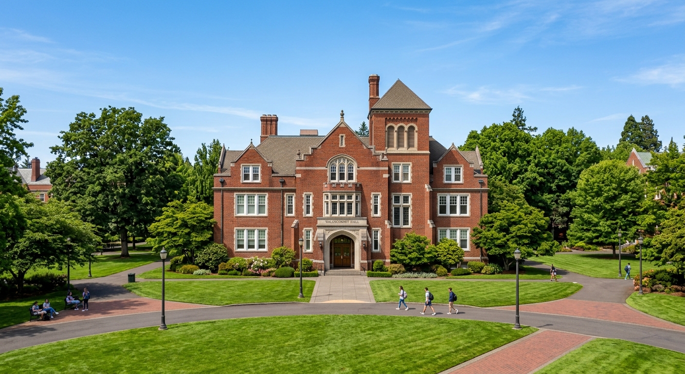 Waldschmidt Hall historic brick building at University of Portland, surrounded by green lawns and mature trees, clear sky