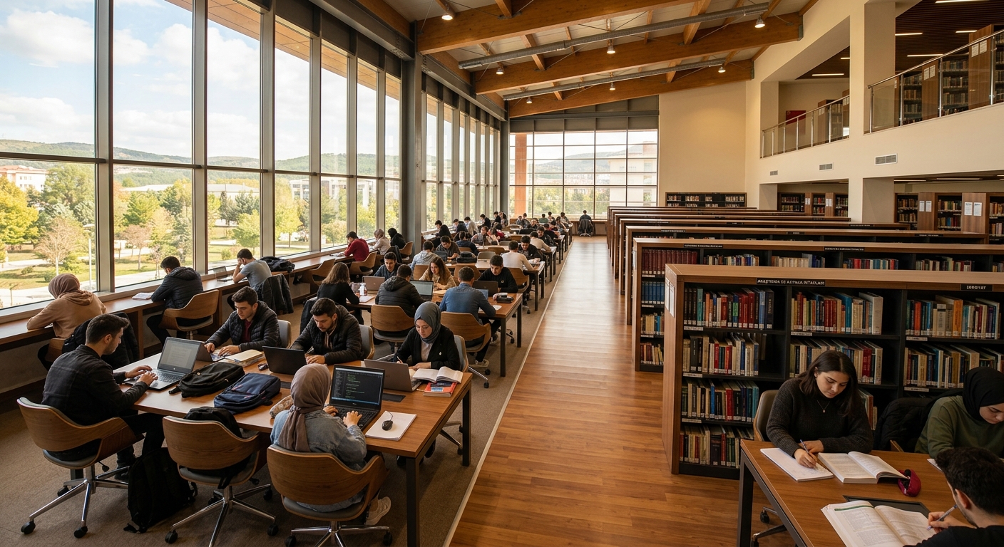 Balikesir University central library interior, rows of bookshelves, students studying at desks, natural light from large windows, modern reading area