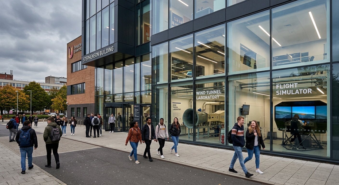 Teesside University Middlesbrough campus with modern engineering building, students walking near the entrance, wind tunnel laboratory and flight simulator visible through glass windows, overcast North East England sky