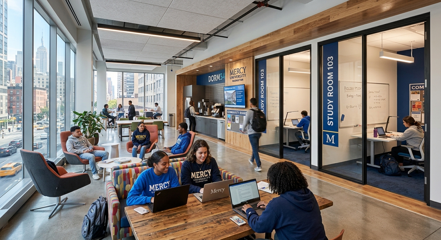 Dorm34 student residence hall at Mercy University Manhattan, modern dormitory building interior with student lounge area, community spaces and study rooms in midtown New York City