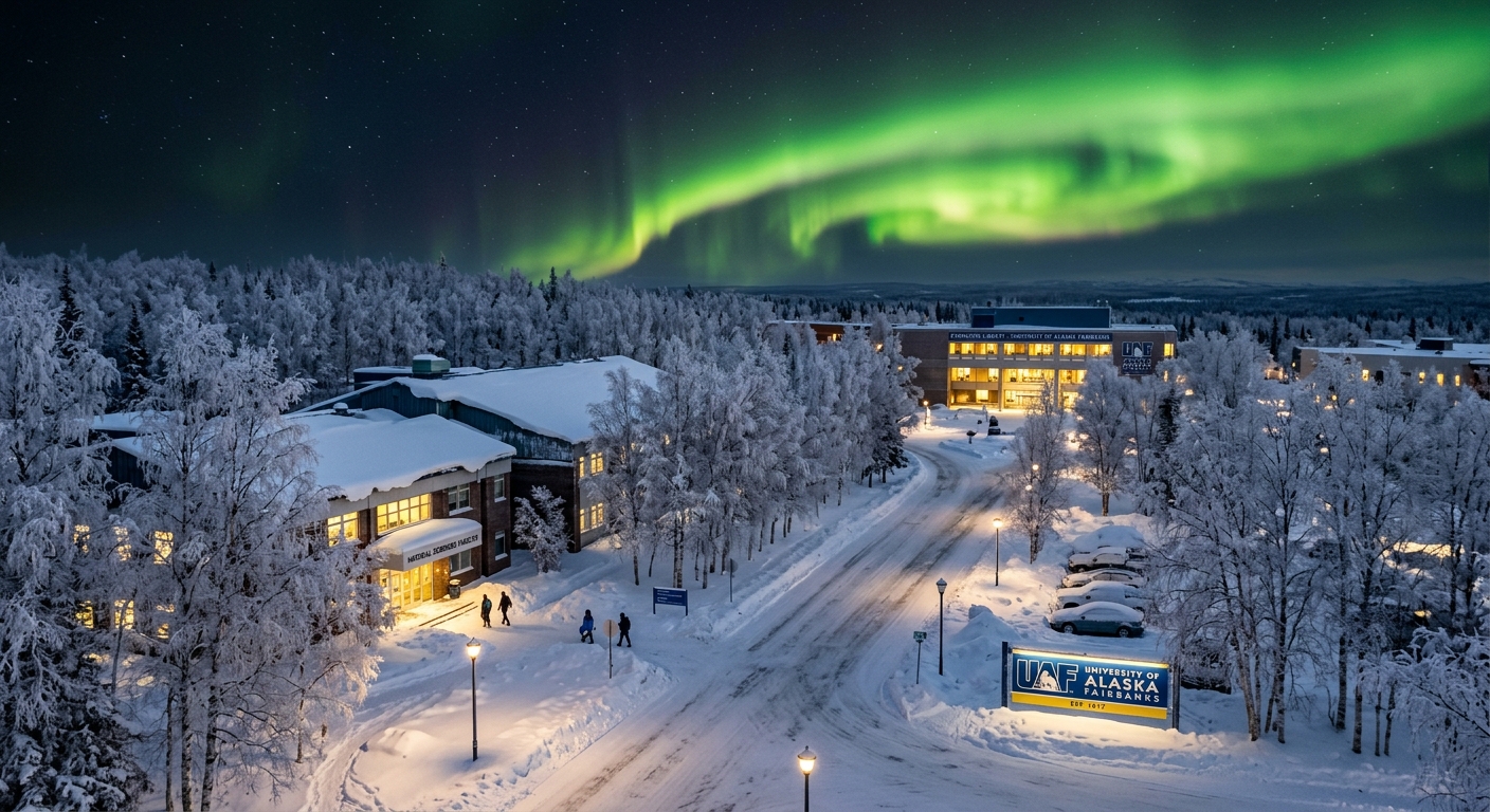 University of Alaska Fairbanks campus in winter with snow-covered buildings, frosted birch trees, and the aurora borealis glowing green in the dark sky above