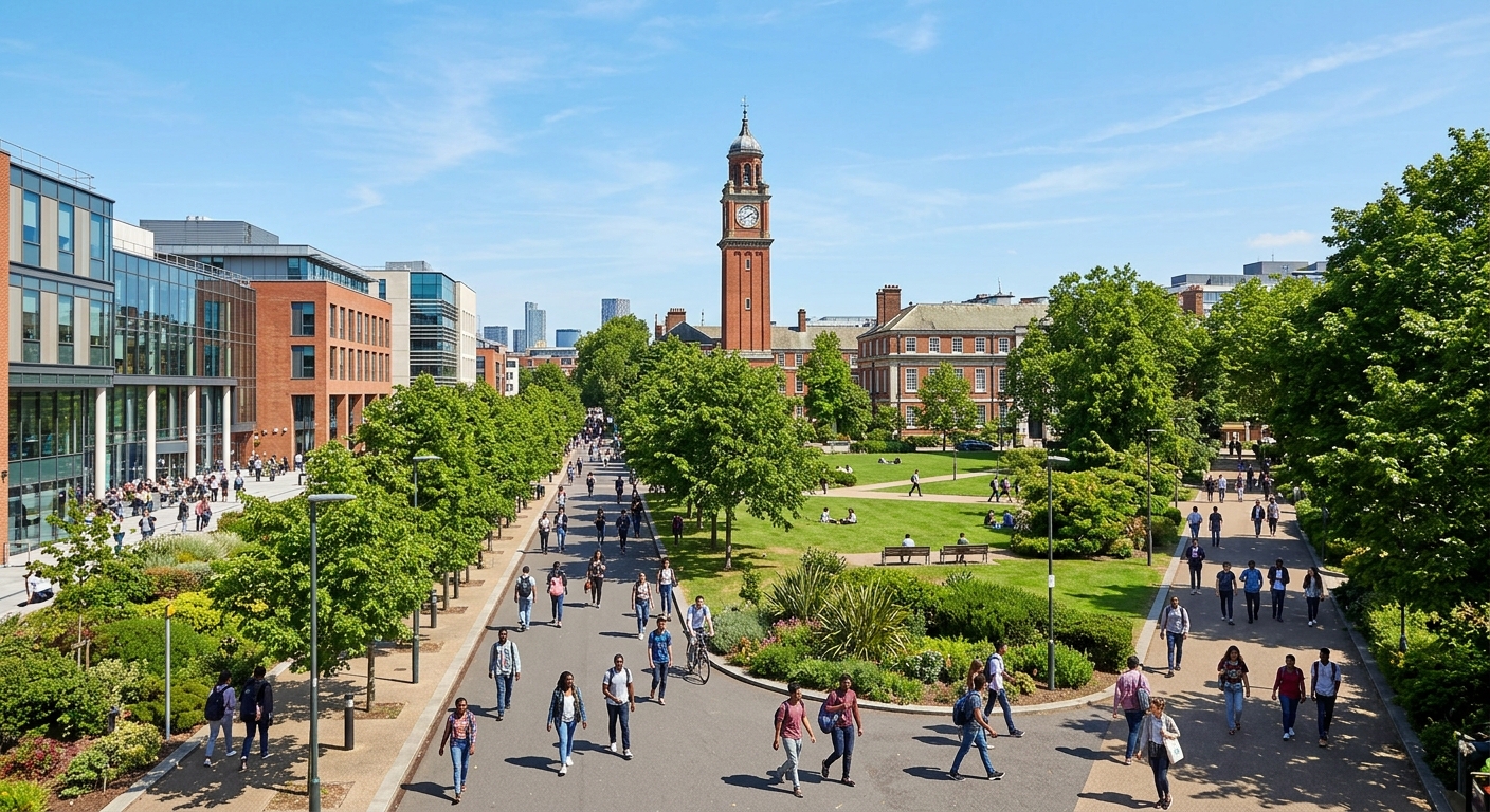 Queen Mary University of London Mile End campus with modern buildings and green spaces, students walking along tree-lined paths, the iconic clocktower visible in the background, sunny day in East London
