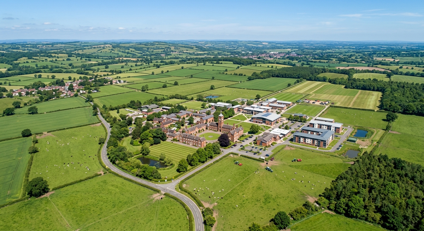 Harper Adams University rural campus aerial view, 494-hectare farm estate surrounded by green Shropshire countryside, historic and modern buildings, clear sky