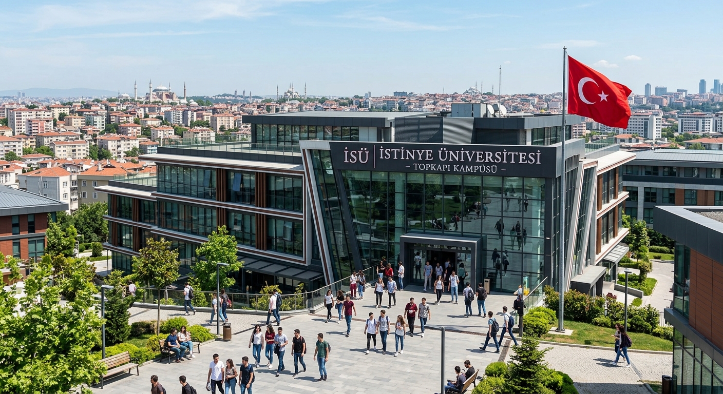 Modern Istinye University Topkapi Campus building in Istanbul with glass facade, students walking through courtyard, Turkish flag visible, urban European Istanbul skyline in background, bright daylight