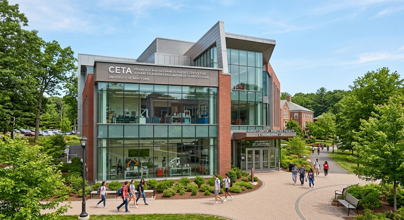University of Hartford CETA building exterior with modern engineering labs, suburban Connecticut campus with green trees, students walking near the Hursey Center robotics facility