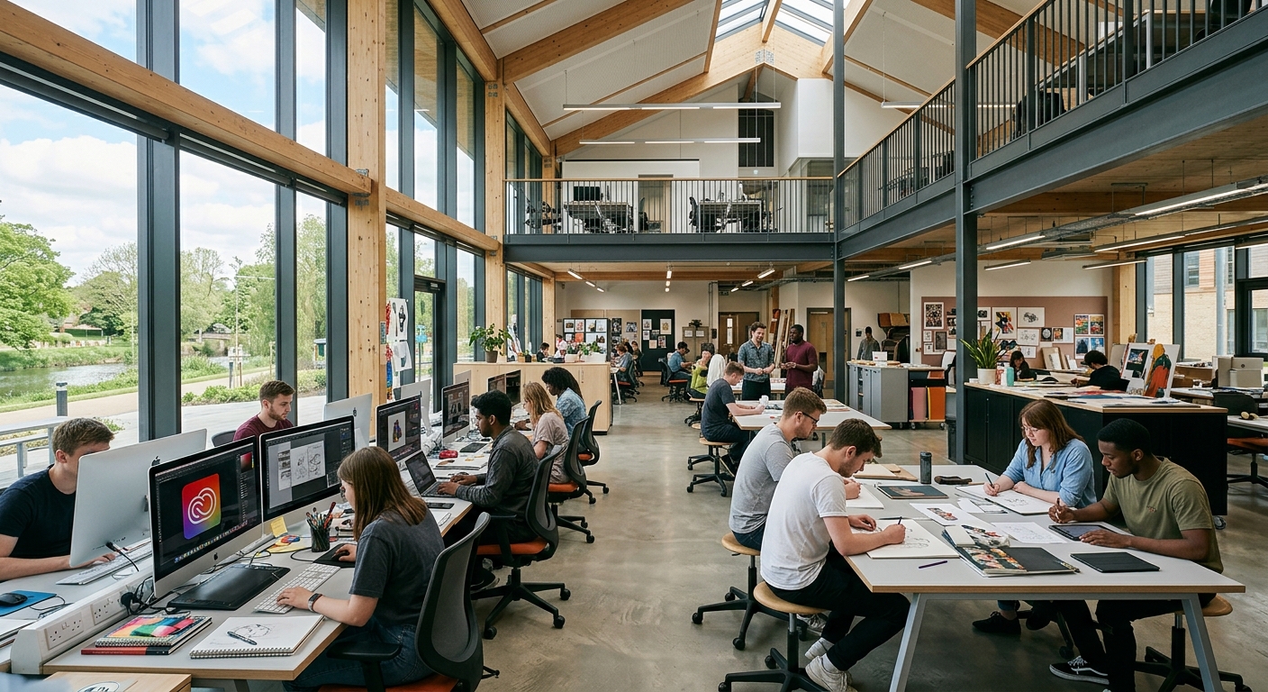 University of Northampton Creative Hub interior showing open-plan studio spaces, students working at computers and design stations, natural light flooding through large windows