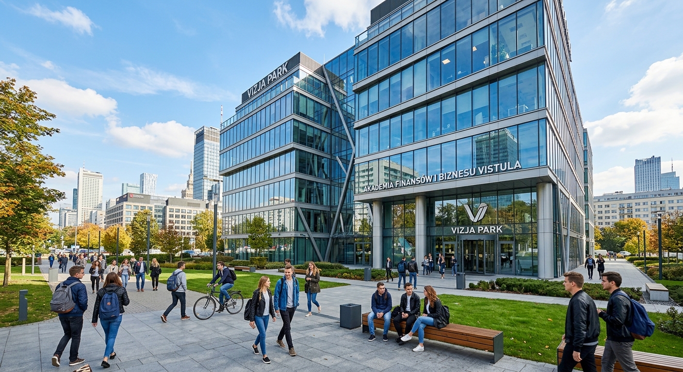 Modern Vizja Park campus building in Warsaw Poland with glass facade, students walking on campus grounds, contemporary architecture surrounded by urban cityscape, bright daylight