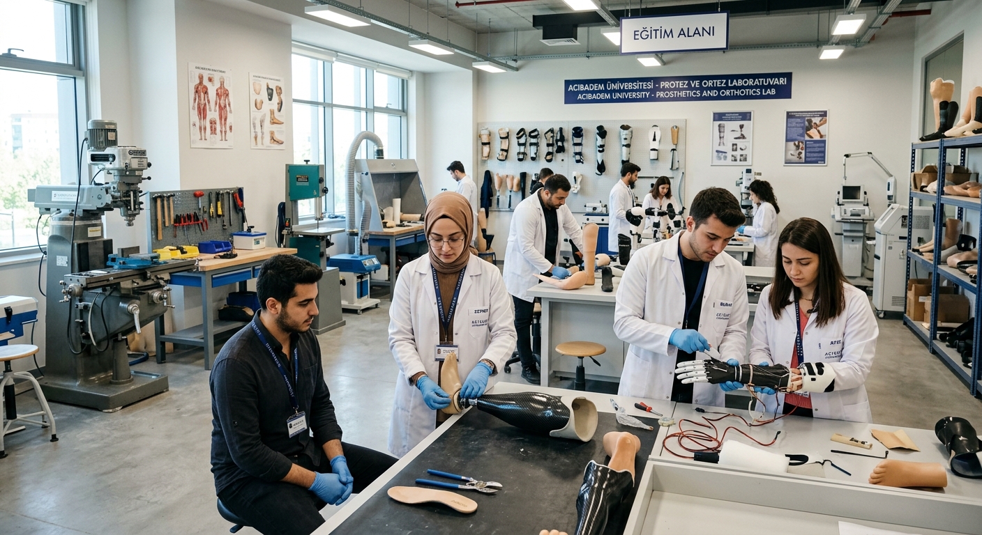 Modern prosthetics and orthotics laboratory at Acibadem University Istanbul, students working with prosthetic limbs and orthotic devices, clinical equipment, bright professional healthcare training environment