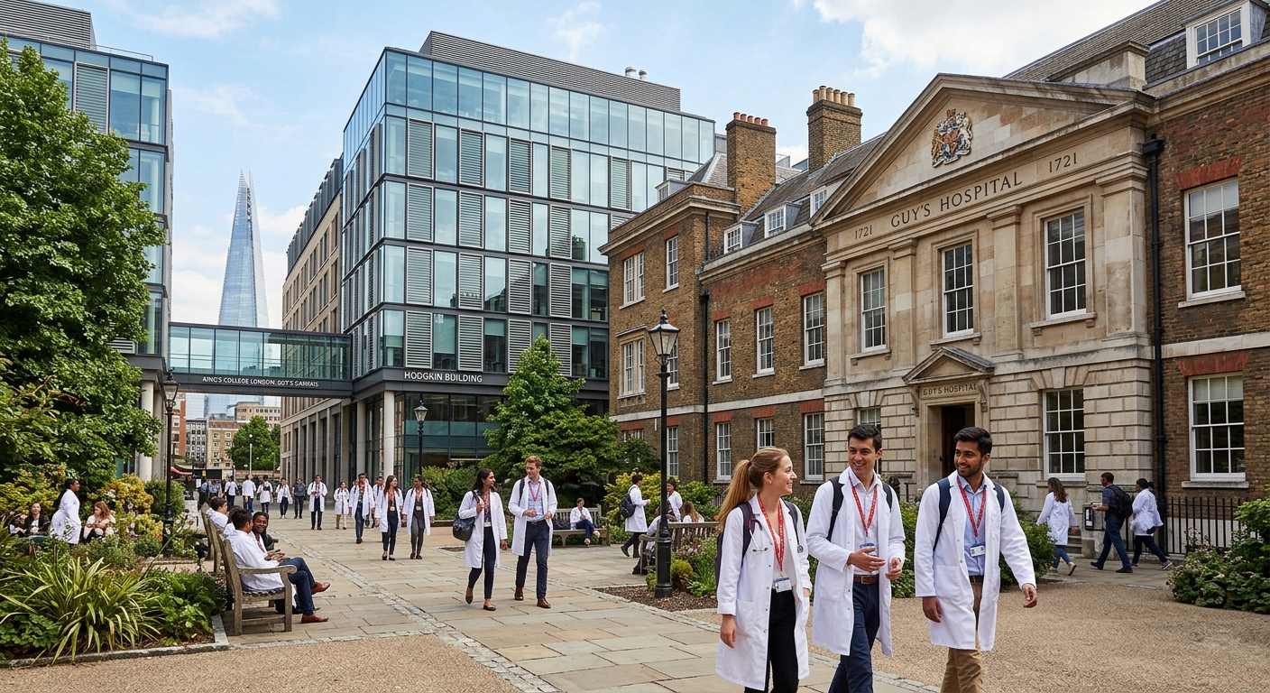 Guy's Campus King's College London, modern medical teaching buildings alongside historic hospital architecture, students in white coats walking through courtyard
