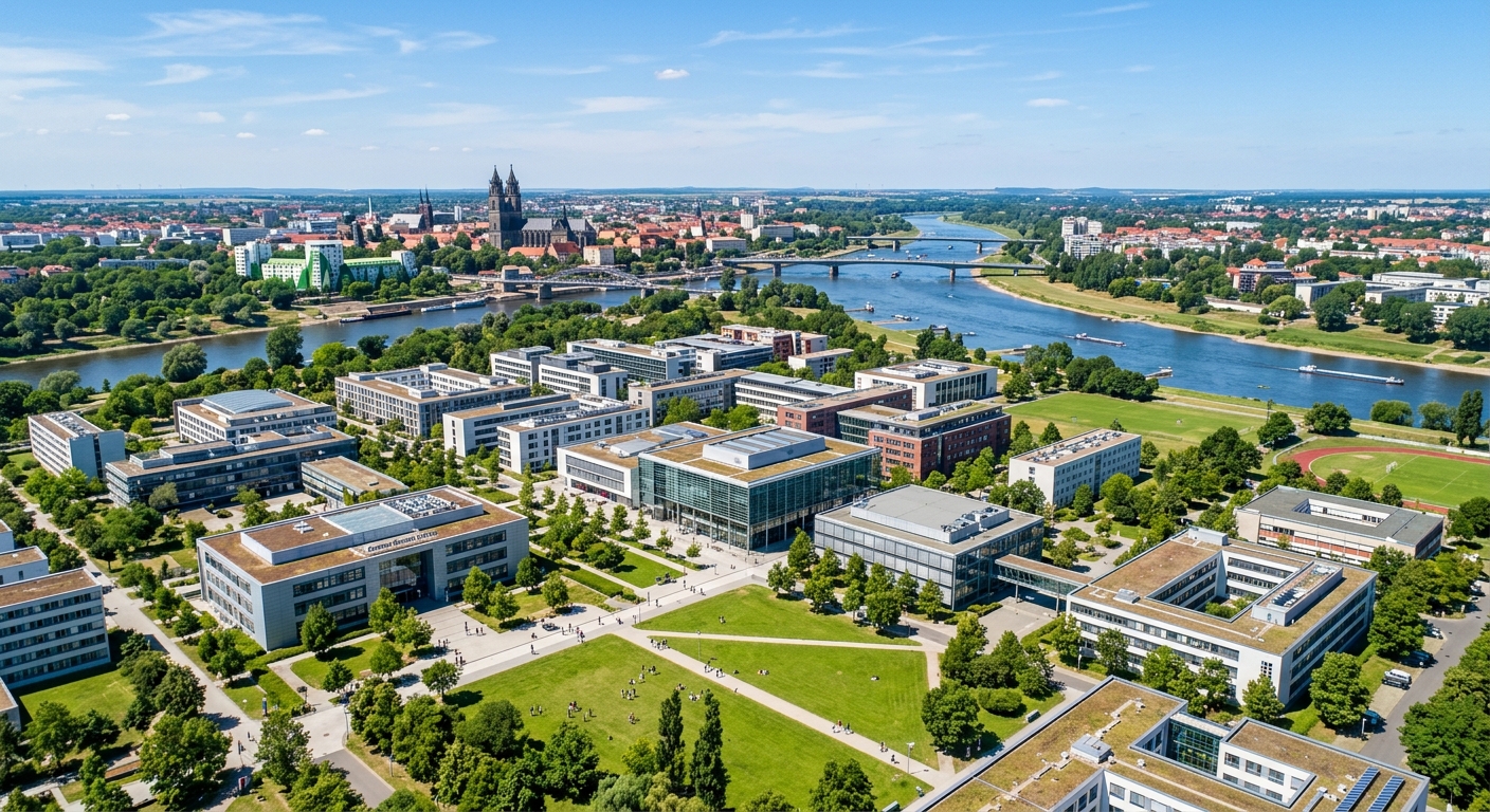 Aerial view of Otto von Guericke University Magdeburg campus with modern academic buildings, green lawns, and the Elbe River flowing in the background under a clear blue sky