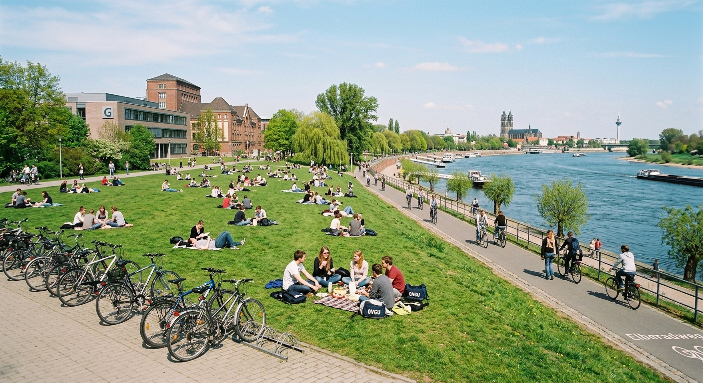Green park area next to OVGU Magdeburg campus with the Elbe River visible, students relaxing on grass, bicycles parked nearby