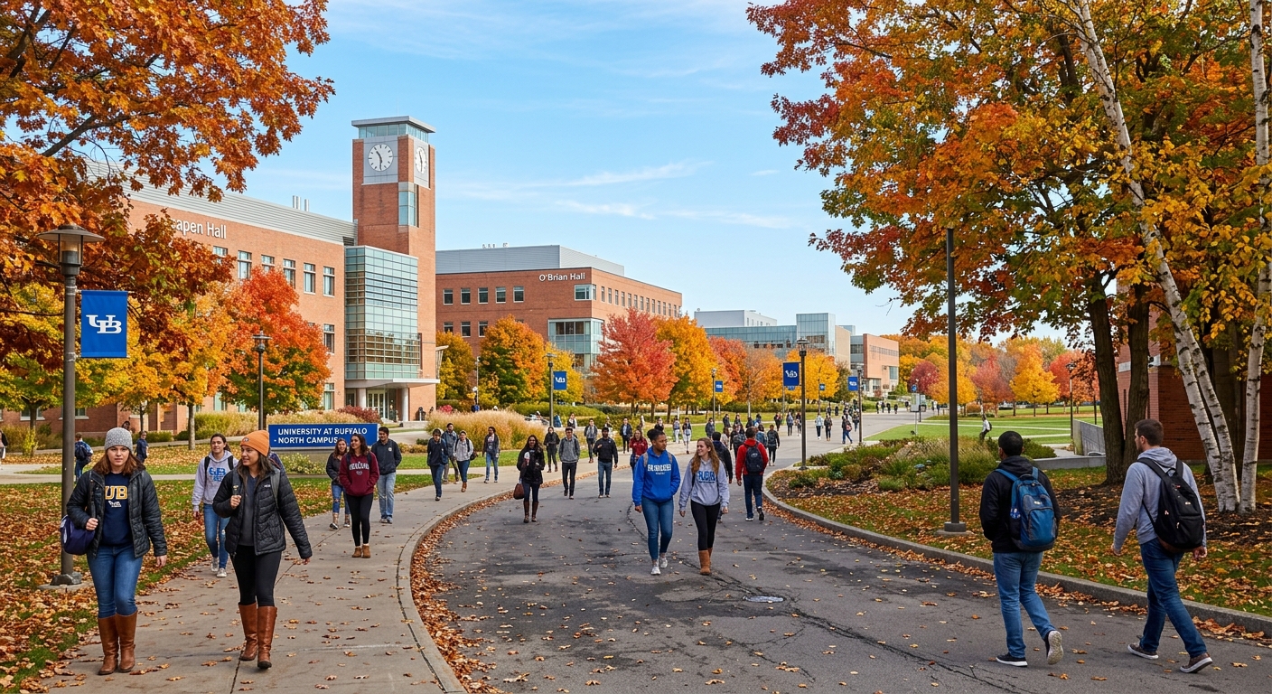 University at Buffalo campus in autumn with students walking along tree-lined pathways, modern academic buildings visible in background, clear blue sky over Buffalo New York
