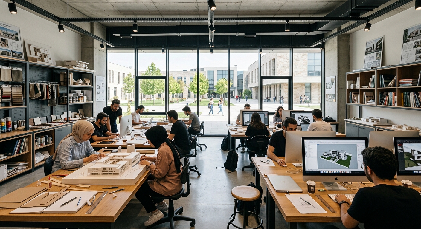 Modern interior architecture design studio at KTO Karatay University in Konya, Turkey, with students working on architectural models and digital renderings, large windows overlooking the campus courtyard, design materials and drafting tools on studio desks