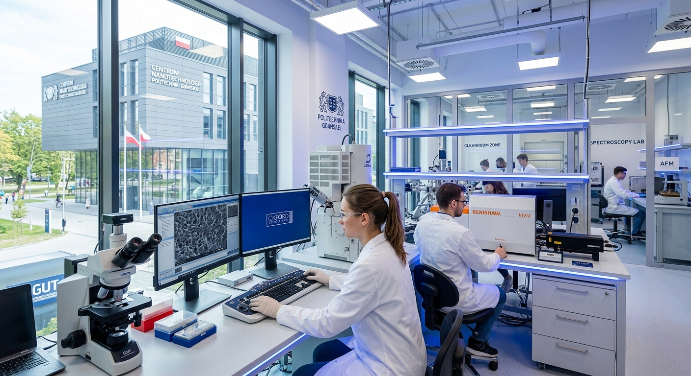 Modern nanotechnology laboratory at Gdansk University of Technology with students operating electron microscopes and advanced spectroscopy equipment, bright clean room environment with blue lighting accents, Nanotechnology Centre building visible through large windows
