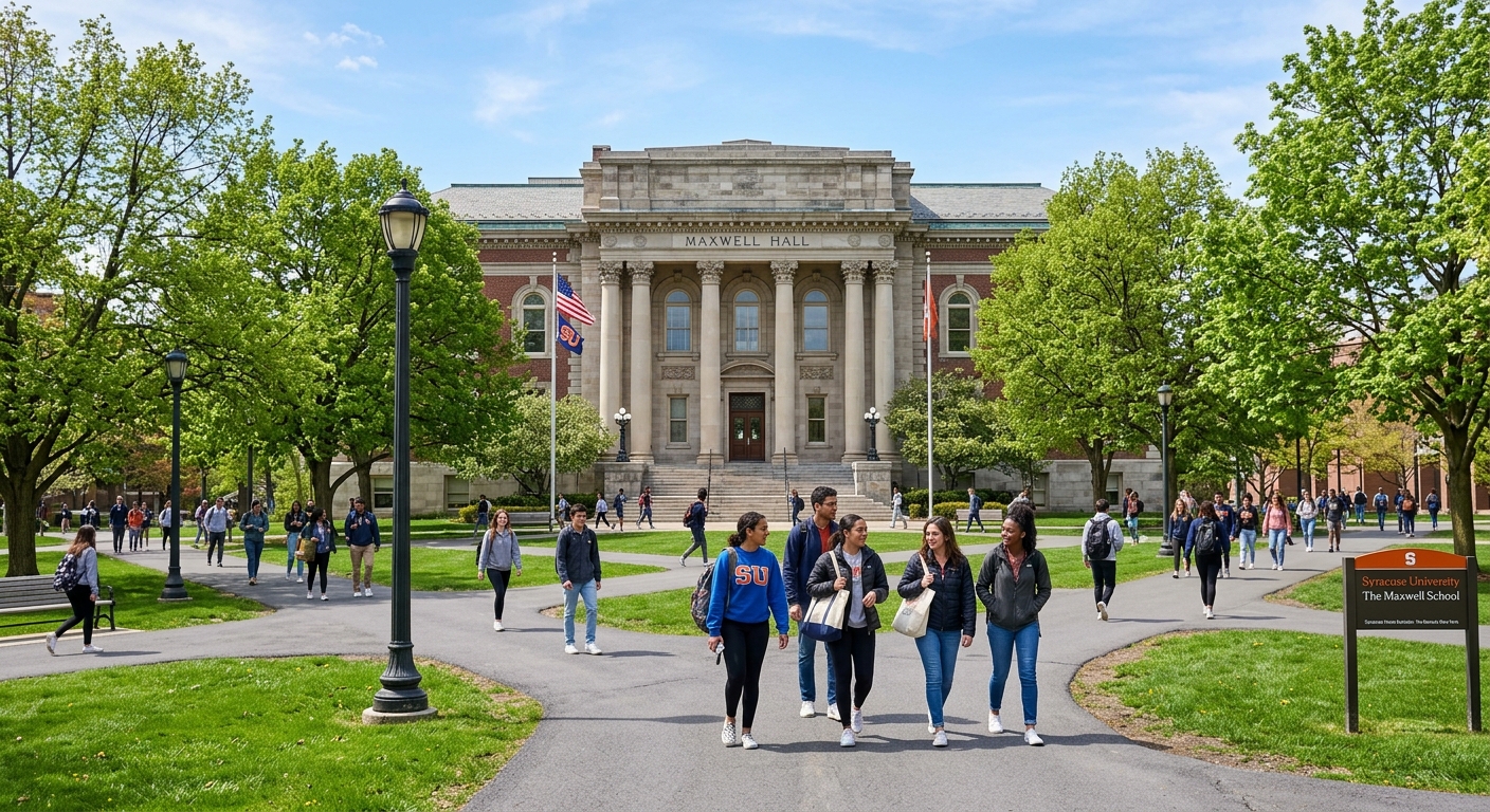 Maxwell Hall at Syracuse University, historic stone building with columns surrounded by green trees and walking paths, students crossing the quad on a sunny day in Syracuse, New York