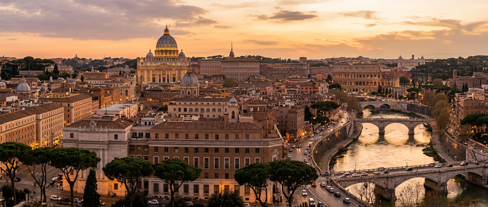 Panoramic view of Rome skyline at golden hour, St. Peter's Basilica dome, Colosseum in the distance, terracotta rooftops, umbrella pines, Tiber River winding through the city