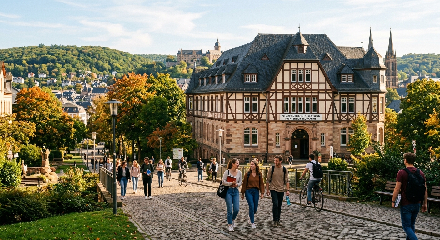 Historic Philipps-Universität Marburg campus with traditional German architecture, green hills of Marburg in the background, students walking along tree-lined pathways near the university's geography department building, warm daylight