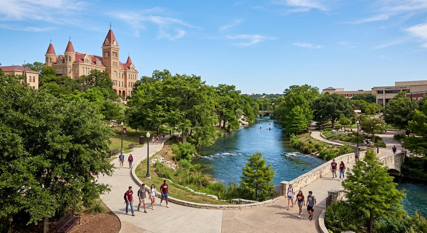 Texas State University campus in San Marcos with the Old Main building and lush green trees along the San Marcos River, students walking on pathways under clear blue Texas sky