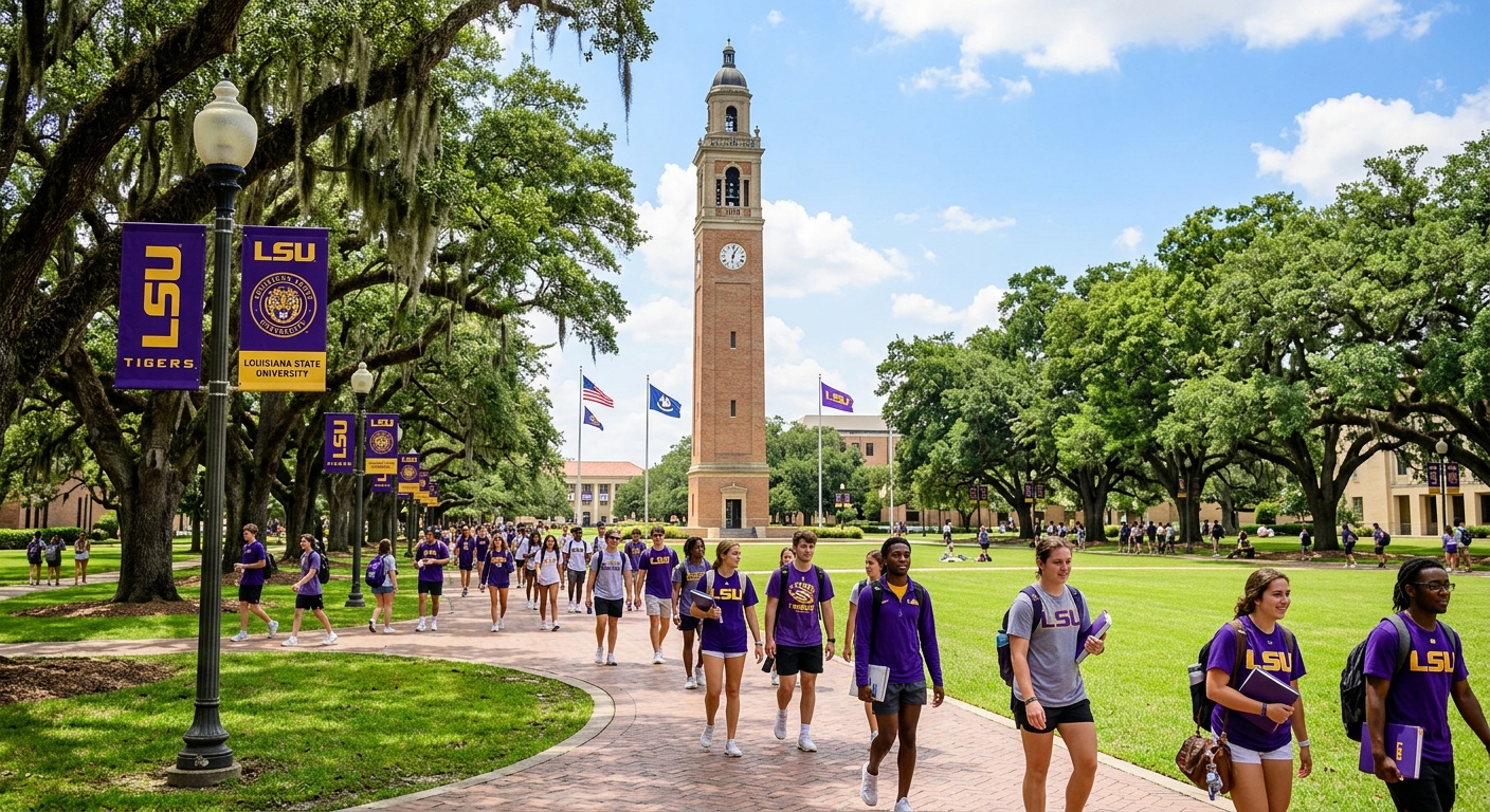 LSU Memorial Tower and Parade Ground with students walking along oak-lined pathways, purple and gold banners, bright sunny day