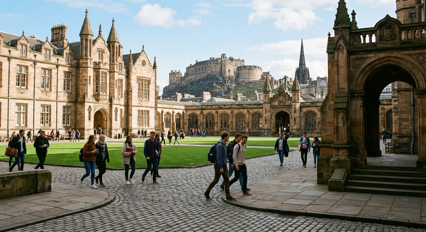 Historic University of Edinburgh campus with sandstone buildings and green courtyard, students walking along cobblestone paths with Edinburgh Castle visible in the background under a clear Scottish sky