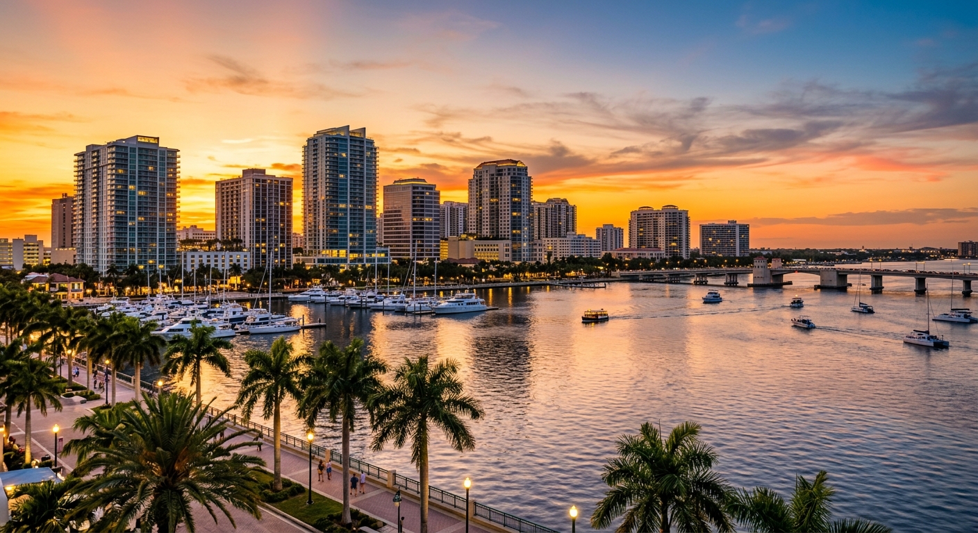 West Palm Beach Florida skyline at sunset, waterfront cityscape with modern high-rise buildings, Intracoastal Waterway, palm trees, warm golden light reflecting on water