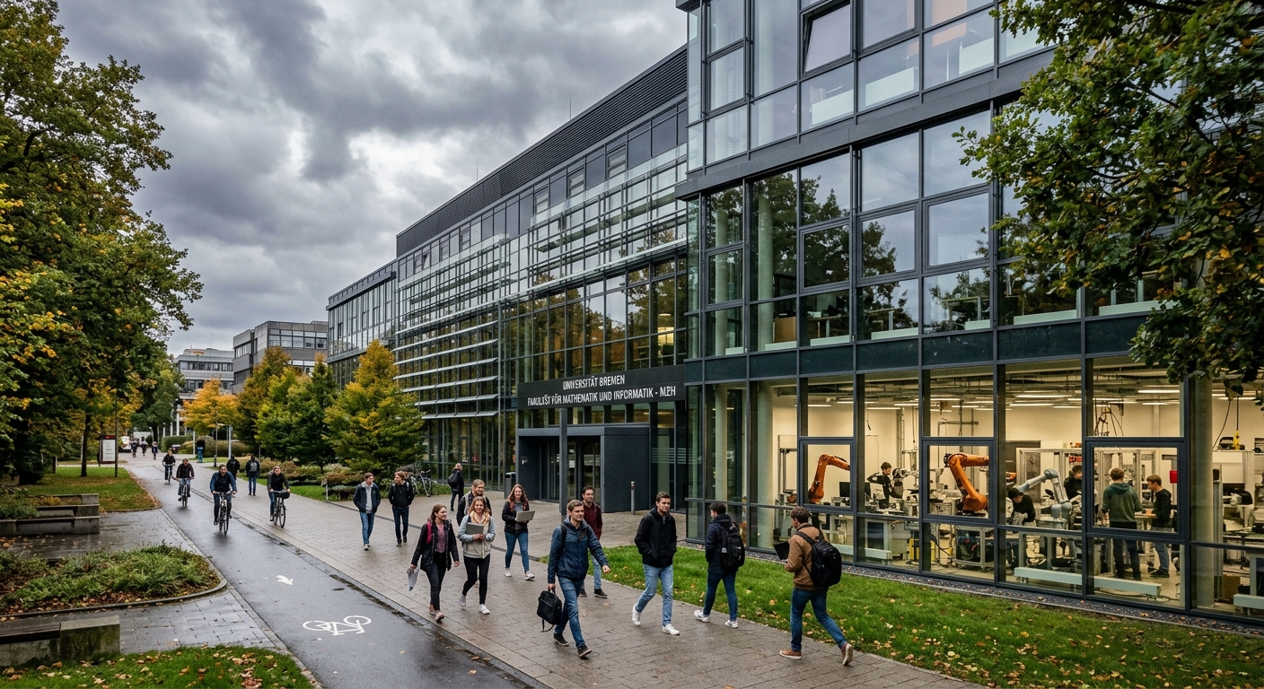 Modern university campus at the University of Bremen, Faculty of Mathematics and Computer Science building with glass facade, students walking on tree-lined pathways, robotics lab visible through windows, overcast northern German sky