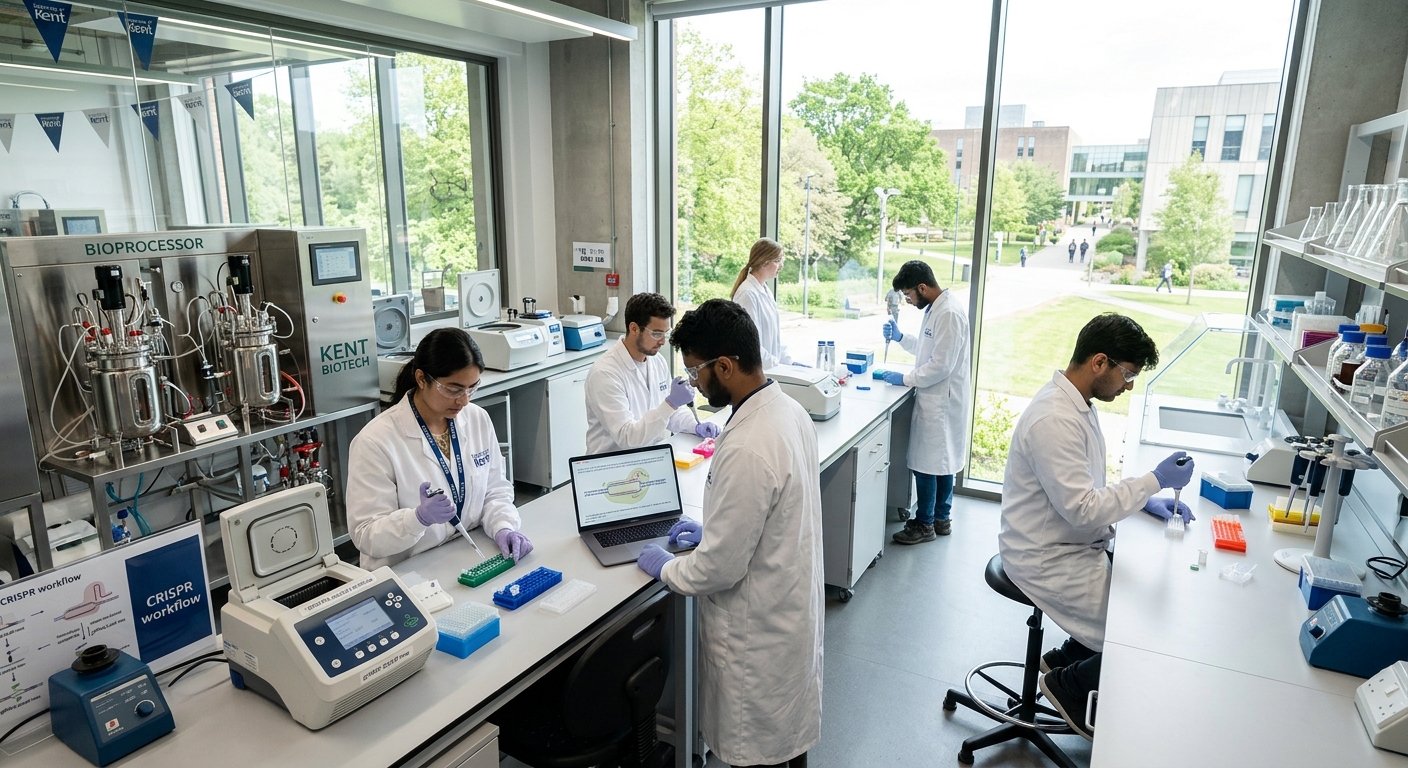 Modern biotechnology laboratory at the University of Kent Canterbury campus, students in white lab coats working with CRISPR genome editing equipment, bioprocess reactors visible in background, natural light streaming through large windows
