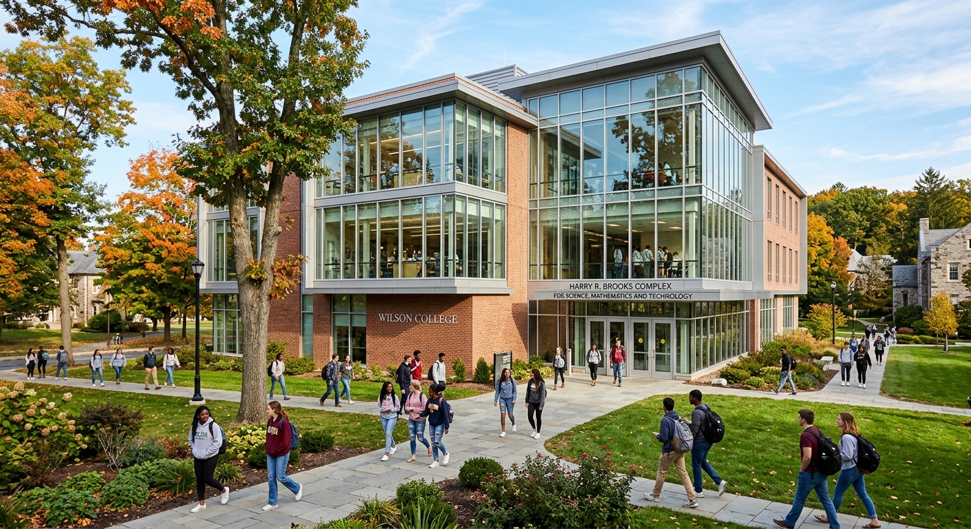 Harry R. Brooks Complex for Science Mathematics and Technology at Wilson College, modern academic building with large windows flooded with natural light, students walking on pathways