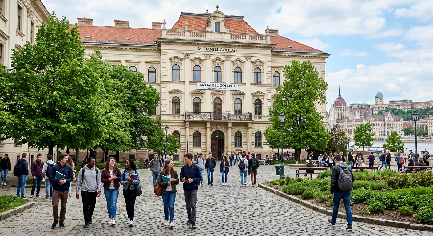 Historic McDaniel College Budapest campus building in District VII of Budapest, Hungary, with international students walking through the courtyard, European architecture, green trees, and a vibrant city backdrop along the Danube