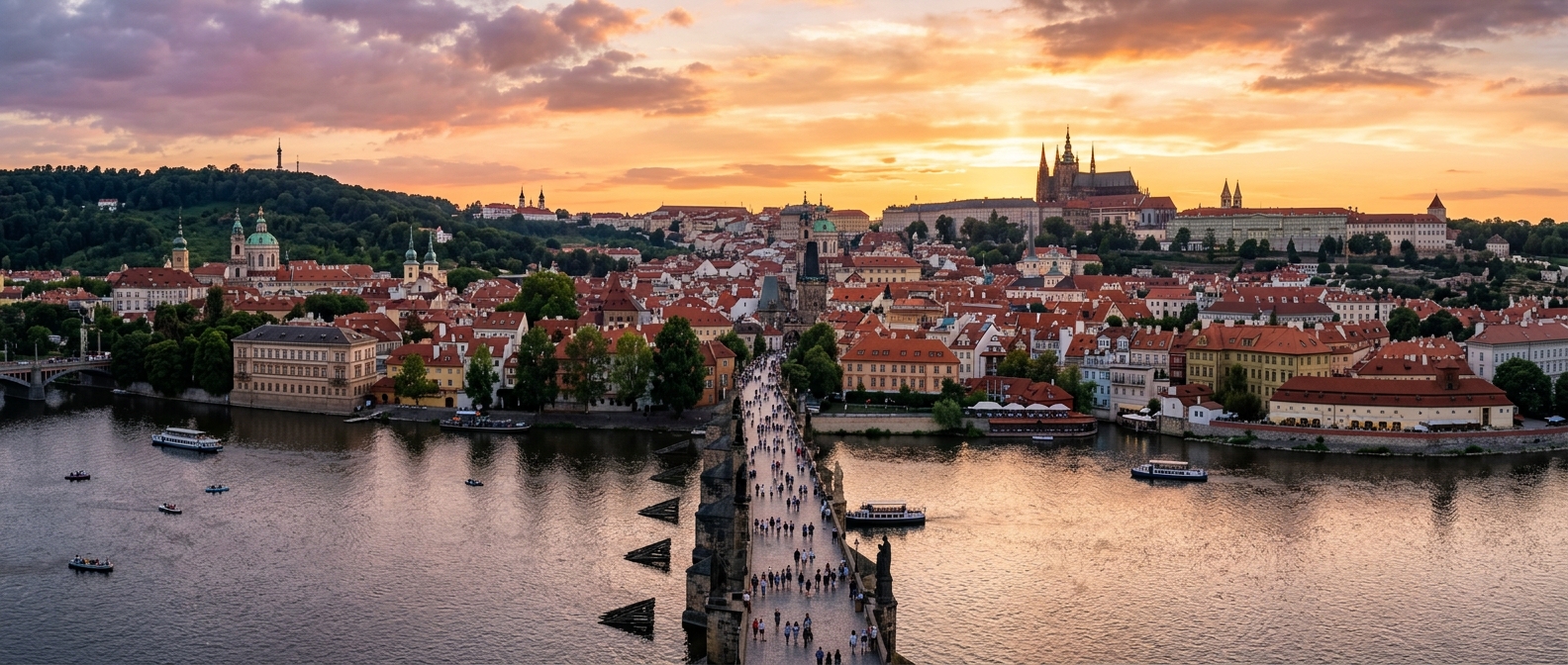 Panoramic view of Prague cityscape at golden hour, Charles Bridge spanning the Vltava River, Prague Castle on the hill, red rooftops of Old Town, spires and domes silhouetted against sunset sky