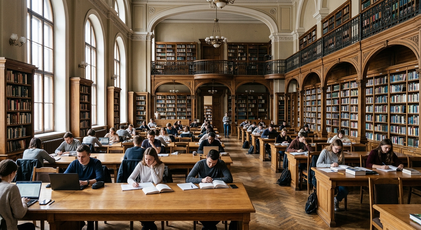 University of Latvia Academic Library interior, historic reading room with tall bookshelves, natural light, students studying at wooden desks