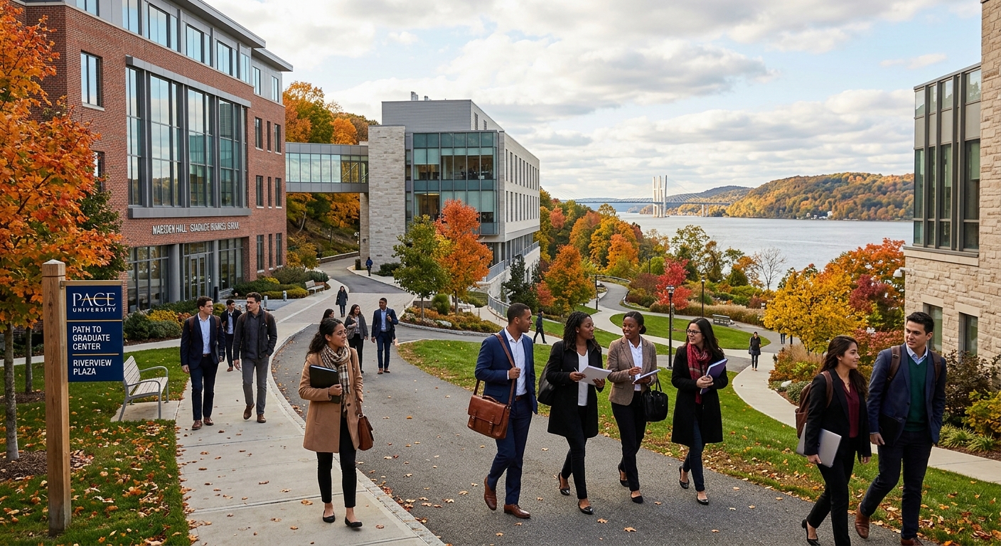 Modern university campus in Dobbs Ferry New York with Hudson River views, graduate business students walking between academic buildings, autumn trees lining pathways, professional MBA environment