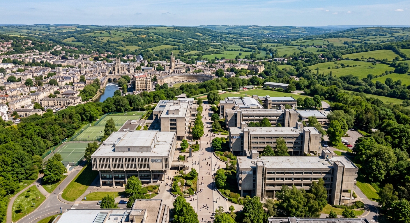 University of Bath campus aerial view on Claverton Down hilltop, modernist concrete buildings along the Parade walkway, green rolling hills of Somerset countryside in background, UNESCO World Heritage city of Bath visible below, clear blue sky