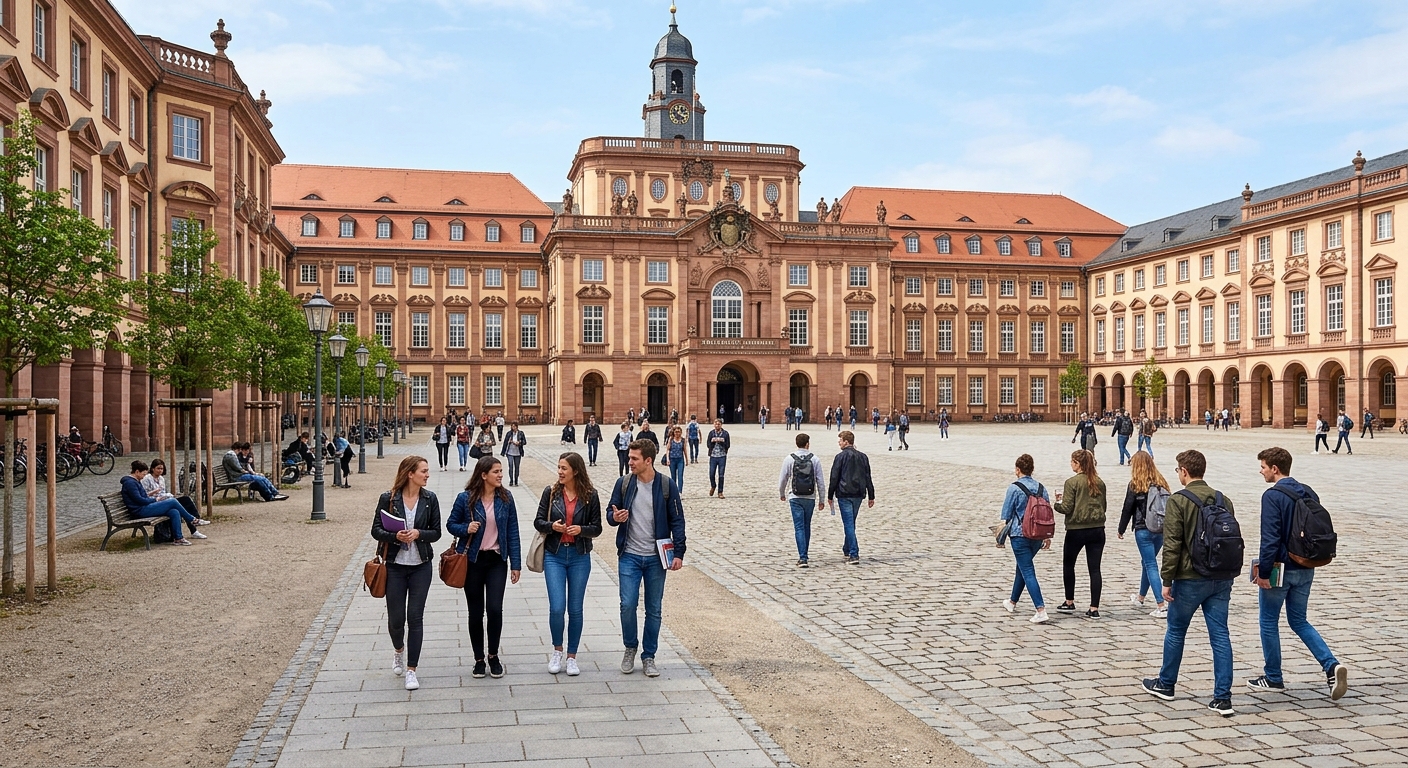 Baroque palace campus of the University of Mannheim with students walking through the grand courtyard, historic architecture blending with modern academic life, sunny day in Mannheim Germany